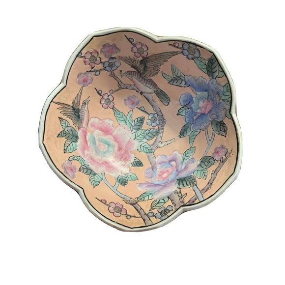 Vintage Chinoiserie Famille Rose Bird Decorative Bowl Pastels Petals RARE - Picture 3 of 5